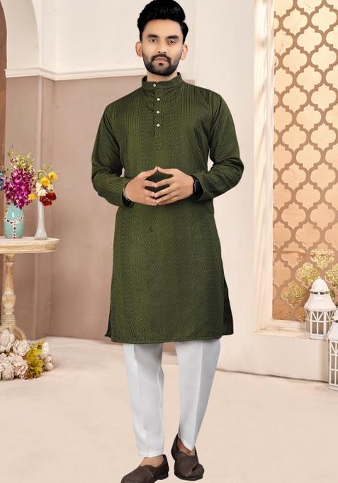Mehendi Green Embroidered Cotton Kurta Set For Men