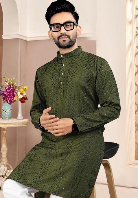 Mehendi Green Embroidered Cotton Kurta Set For Men