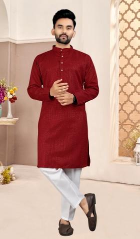 Red Embroidered Cotton Kurta Set For Men