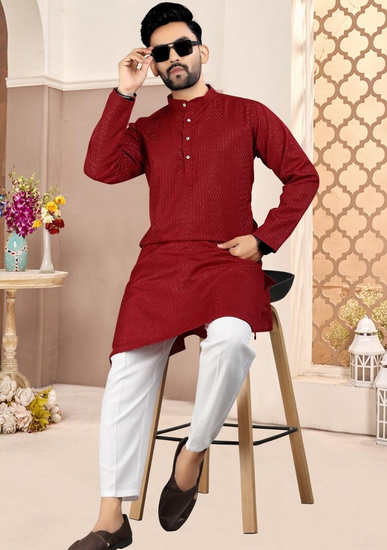 Red Embroidered Cotton Kurta Set For Men