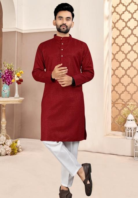 Red Embroidered Cotton Kurta Set For Men