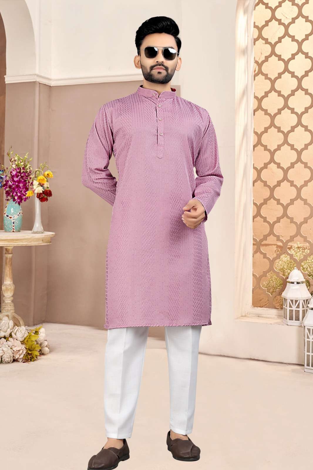 Lavender Embroidered Cotton Kurta Set For Men - Indya