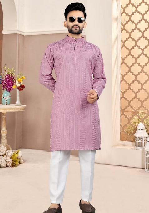 Lavender Embroidered Cotton Kurta Set For Men
