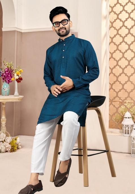 Blue Embroidered Cotton Kurta Set For Men