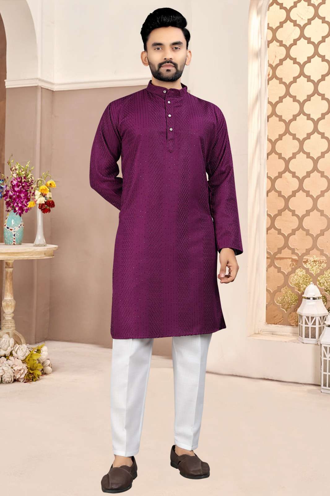 Purple Embroidered Cotton Kurta Set For Men - Indya