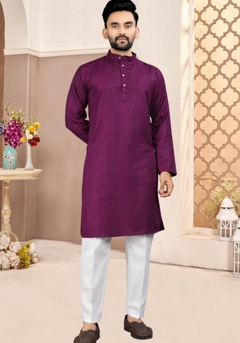 Purple Embroidered Cotton Kurta Set For Men