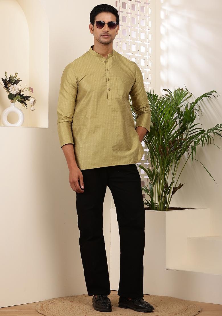 Olive Machine Embroidered Viscose Rayon Kurta For Men