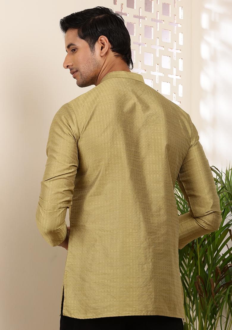 Olive Machine Embroidered Viscose Rayon Kurta For Men