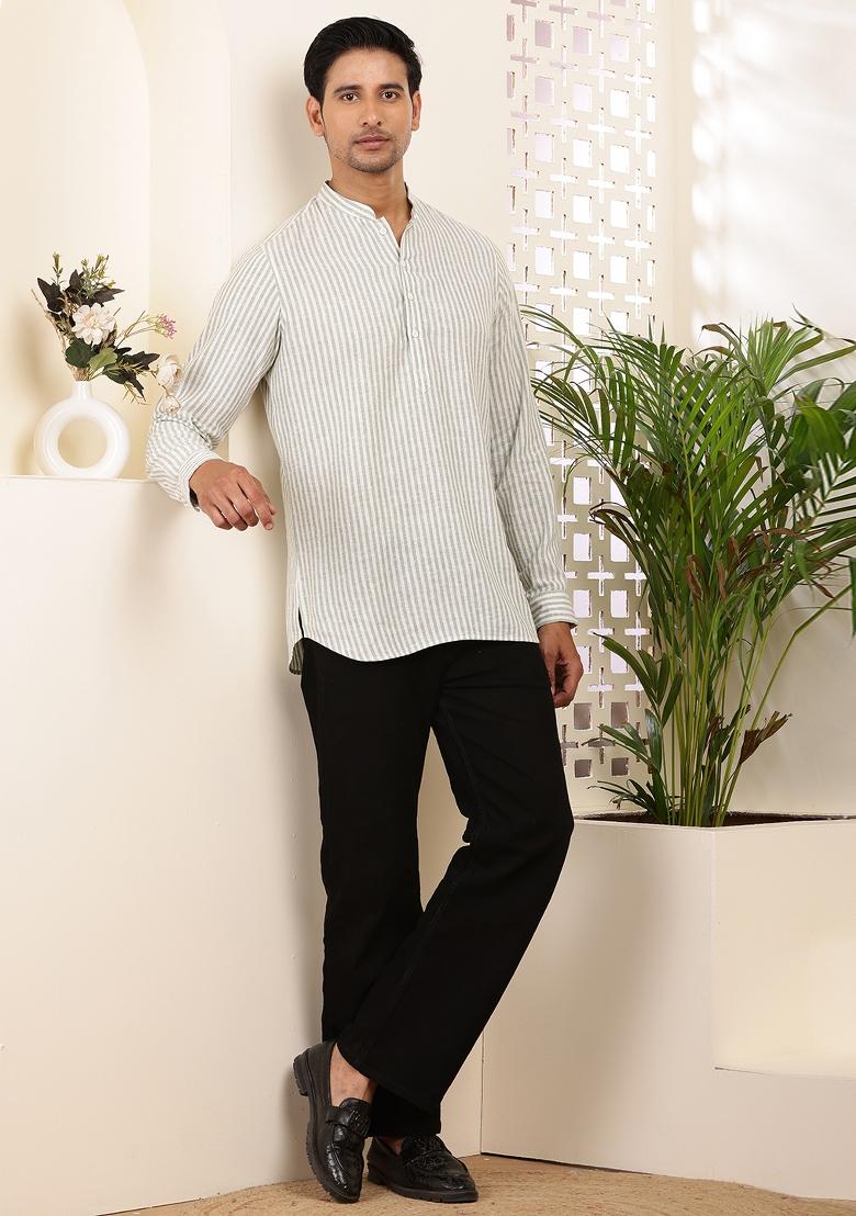 White Machine Embroidered Cotton Kurta For Men