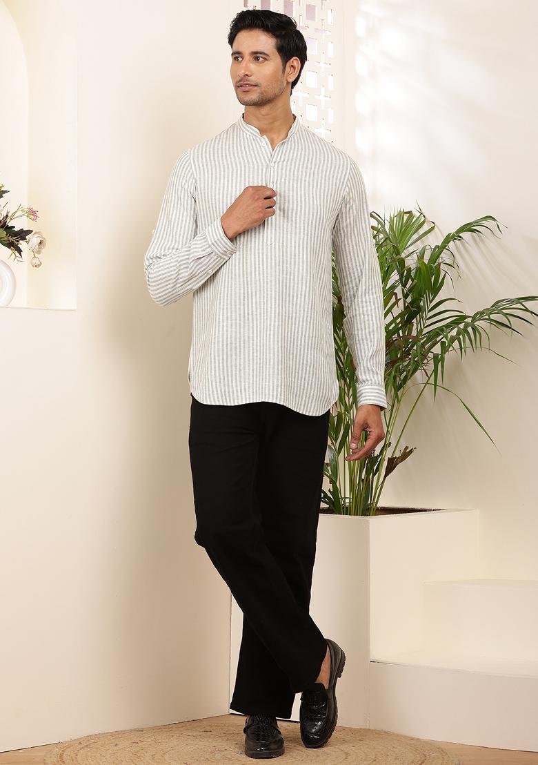White Machine Embroidered Cotton Kurta For Men