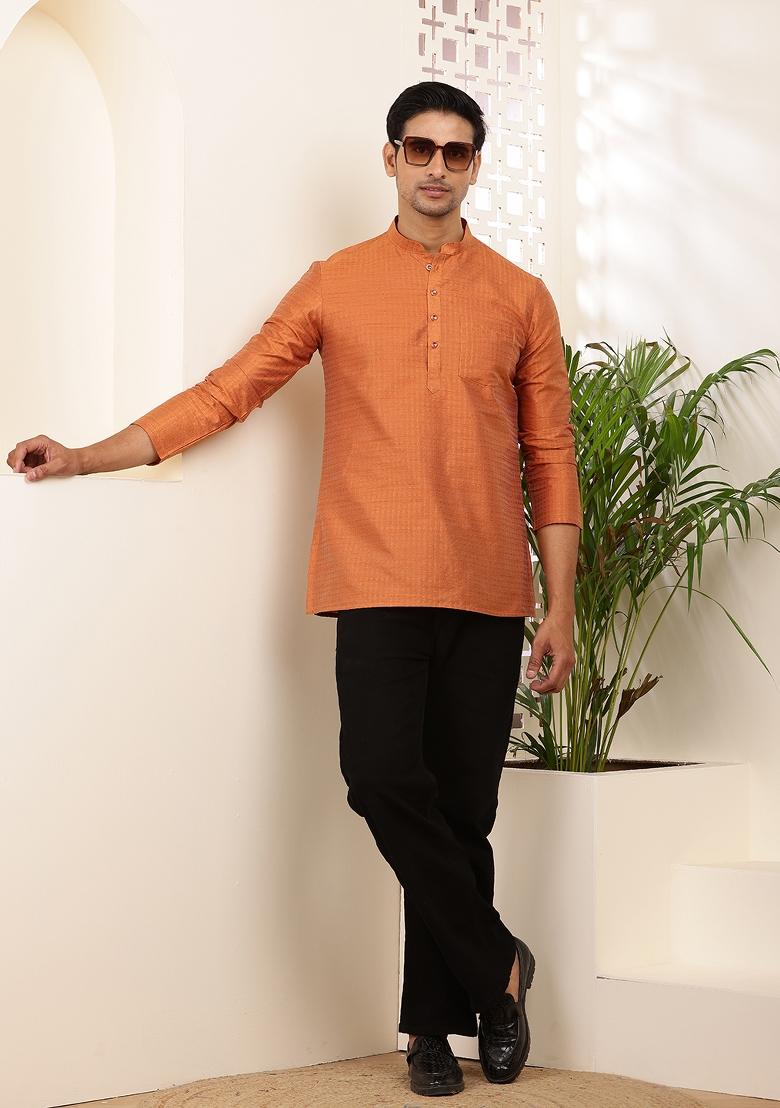Rust Orange Machine Embroidered Viscose Rayon Kurta For Men
