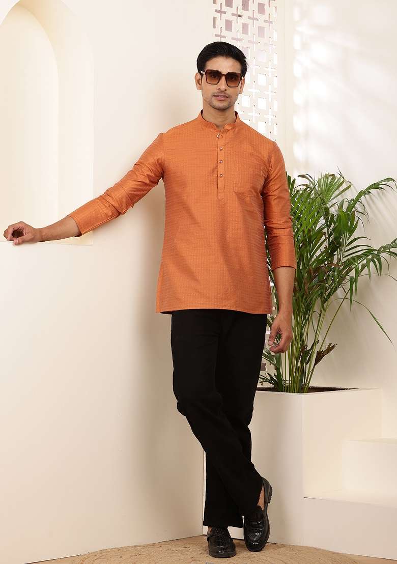 Rust Orange Machine Embroidered Viscose Rayon Kurta For Men - Indya