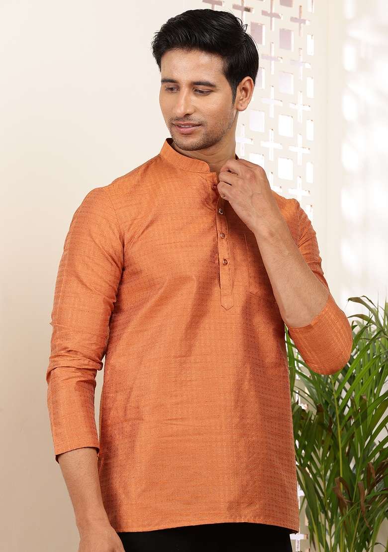 Rust Orange Machine Embroidered Viscose Rayon Kurta For Men - Indya