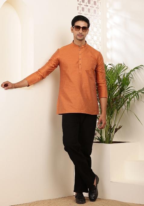 Rust Orange Machine Embroidered Viscose Rayon Kurta For Men