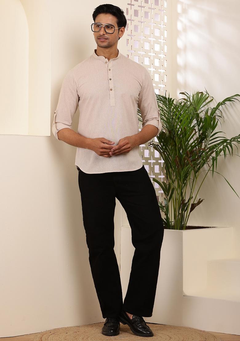 Beige Machine Embroidered Cotton Kurta For Men
