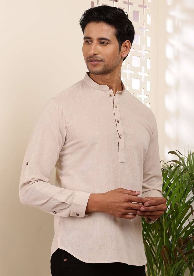 Beige Machine Embroidered Cotton Kurta For Men - Indya