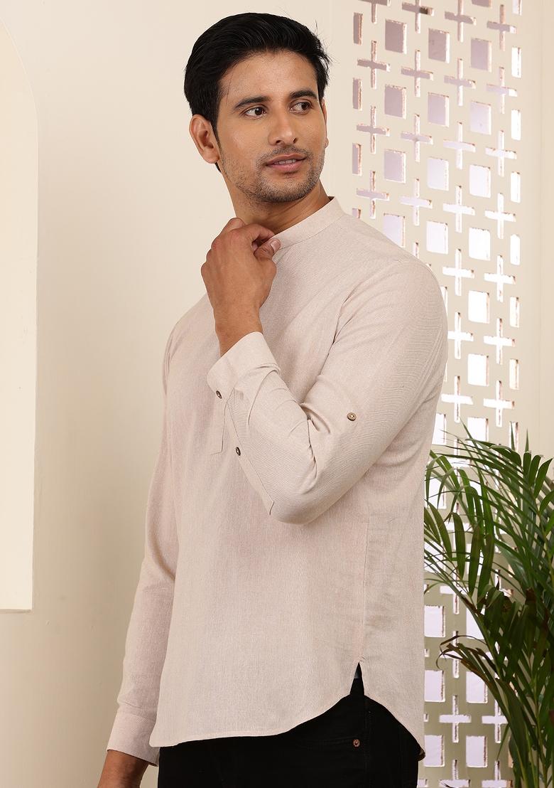 Beige Machine Embroidered Cotton Kurta For Men