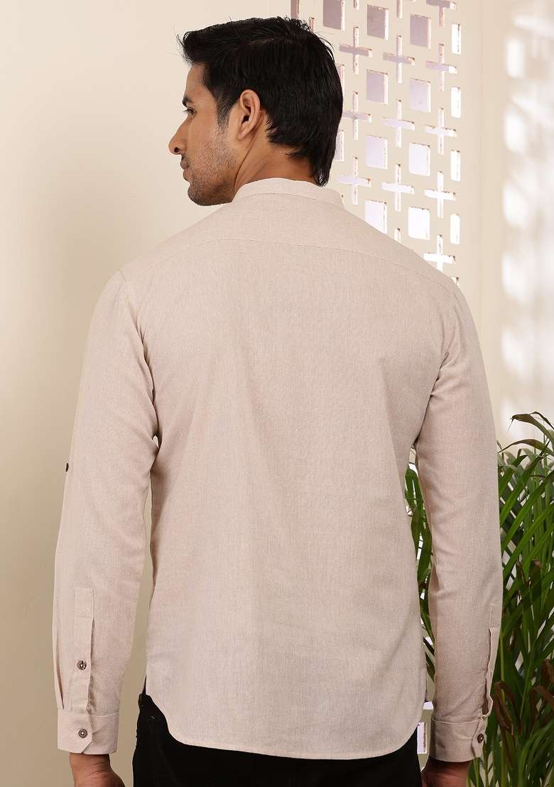 Beige Machine Embroidered Cotton Kurta For Men - Indya