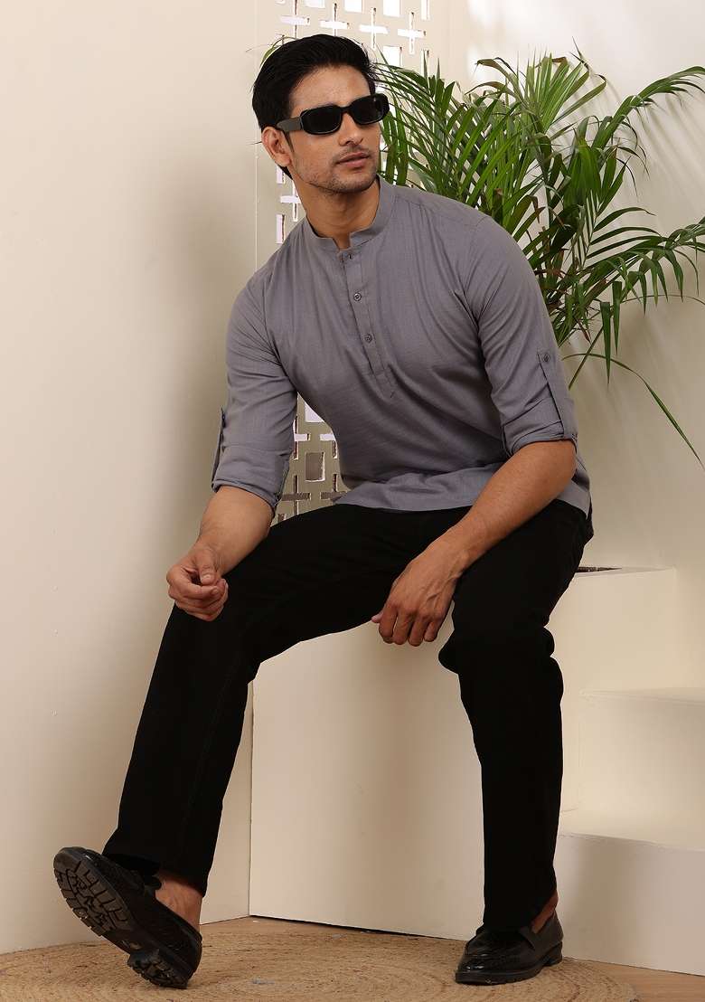 Grey Machine Embroidered Cotton Kurta For Men - Indya