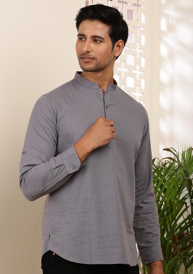 Grey Machine Embroidered Cotton Kurta For Men
