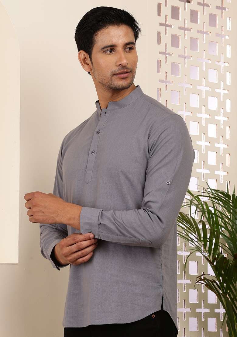 Grey Machine Embroidered Cotton Kurta For Men - Indya