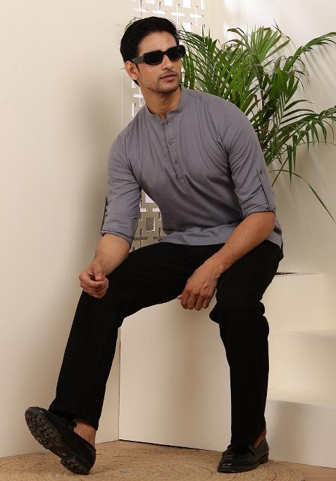 Grey Machine Embroidered Cotton Kurta For Men