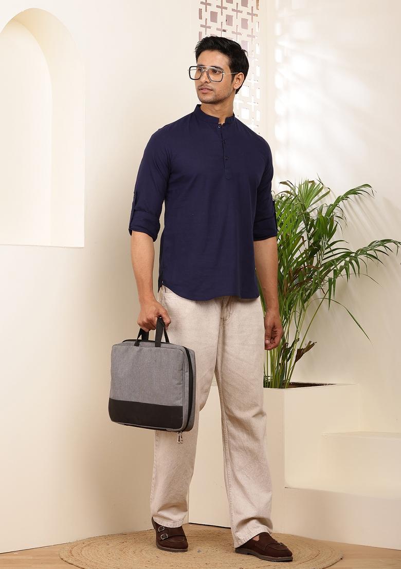 Blue Machine Embroidered Cotton Kurta For Men