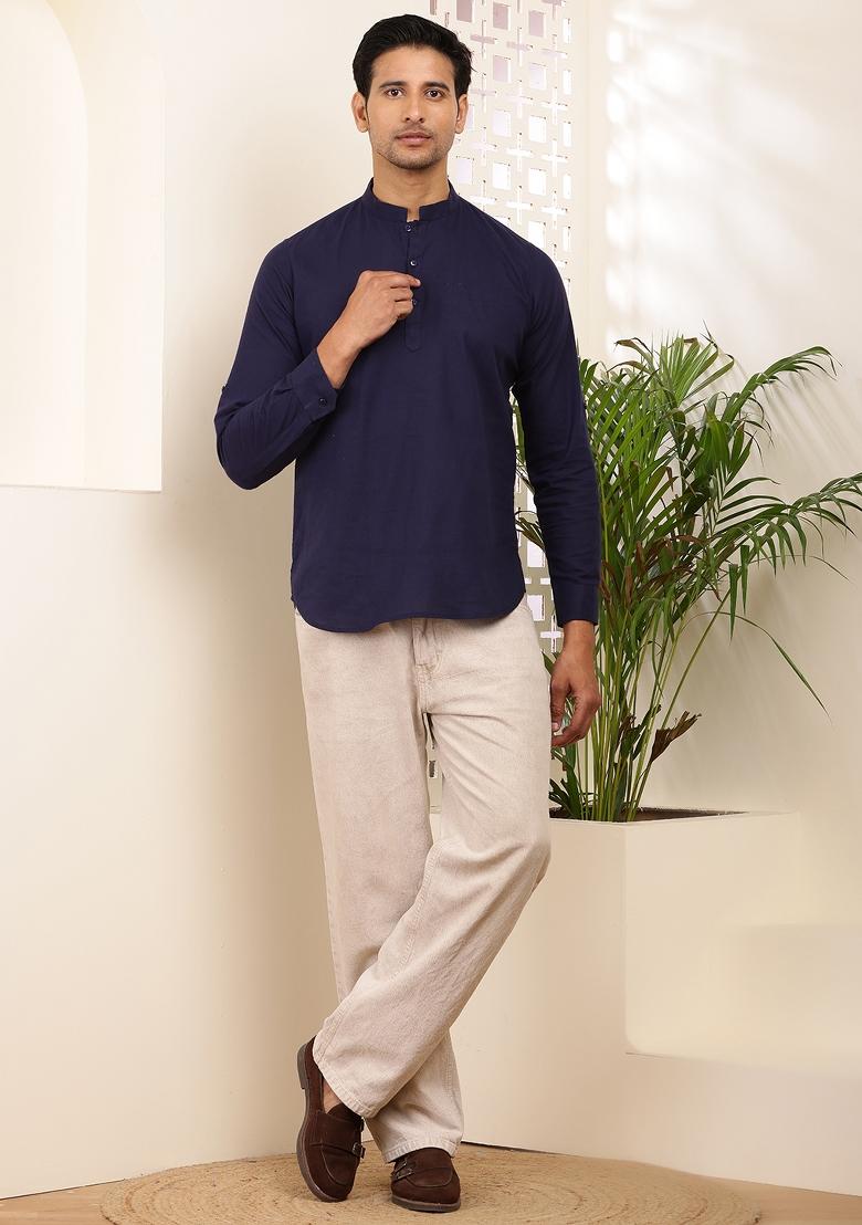 Blue Machine Embroidered Cotton Kurta For Men