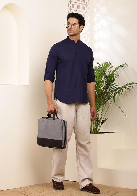 Blue Machine Embroidered Cotton Kurta For Men