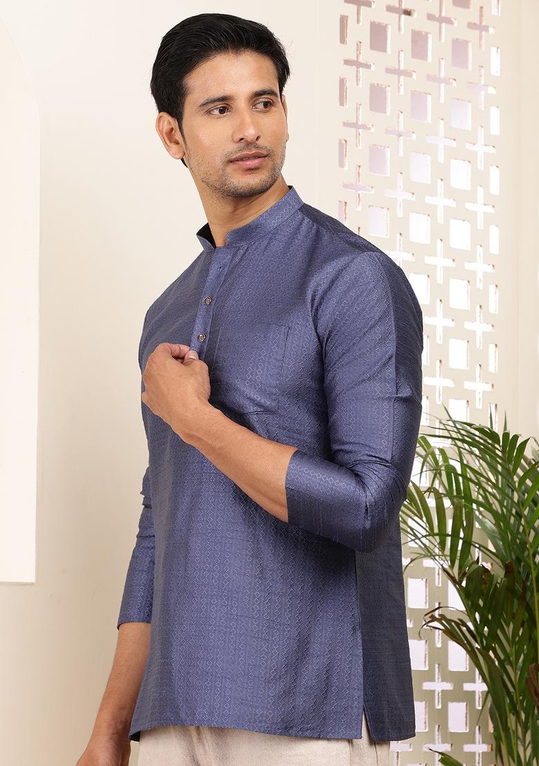 Navy Blue Machine Embroidered Viscose Rayon Kurta For Men