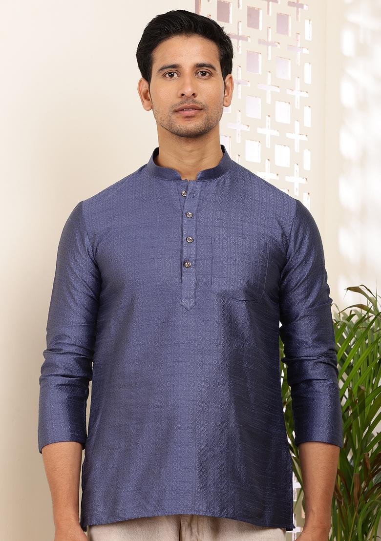 Navy Blue Machine Embroidered Viscose Rayon Kurta For Men