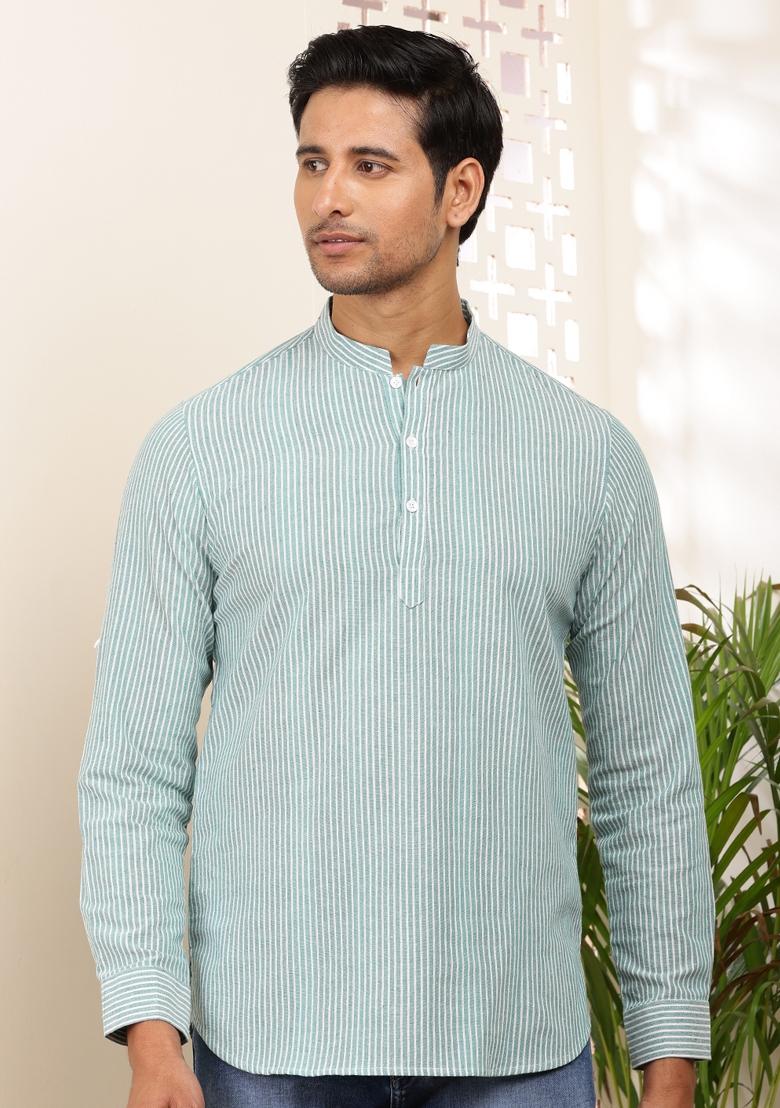 Mint Green Machine Embroidered Cotton Kurta For Men