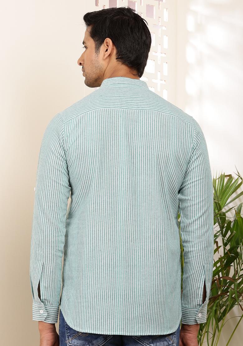 Mint Green Machine Embroidered Cotton Kurta For Men