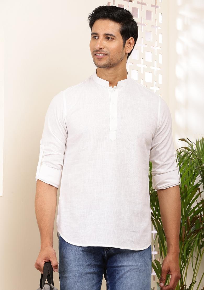 White Machine Embroidered Cotton Kurta For Men