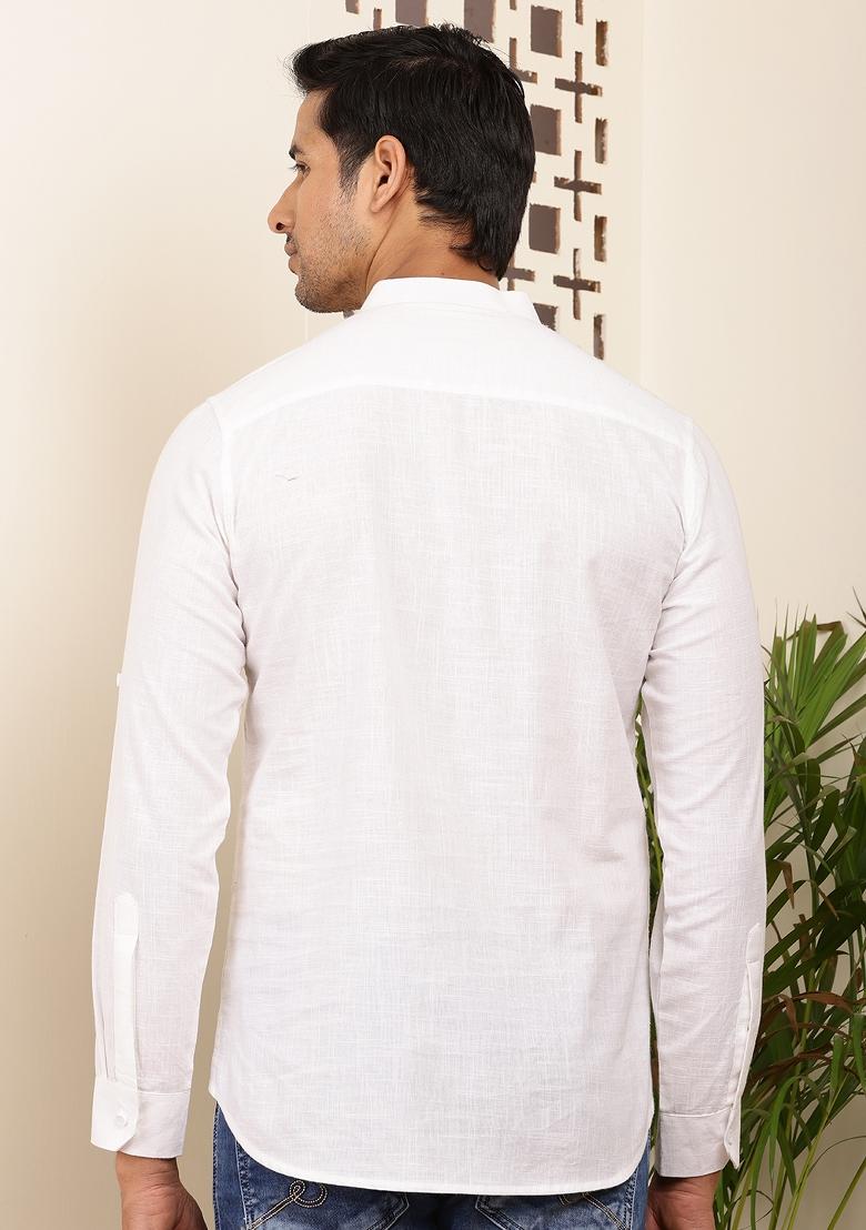 White Machine Embroidered Cotton Kurta For Men