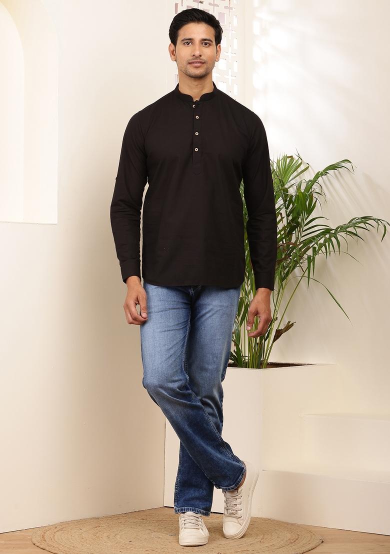 Black Machine Embroidered Cotton Kurta For Men