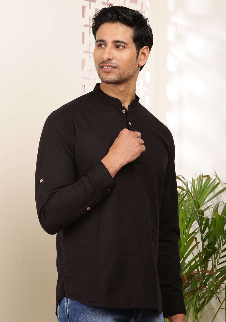 Black Machine Embroidered Cotton Kurta For Men - Indya