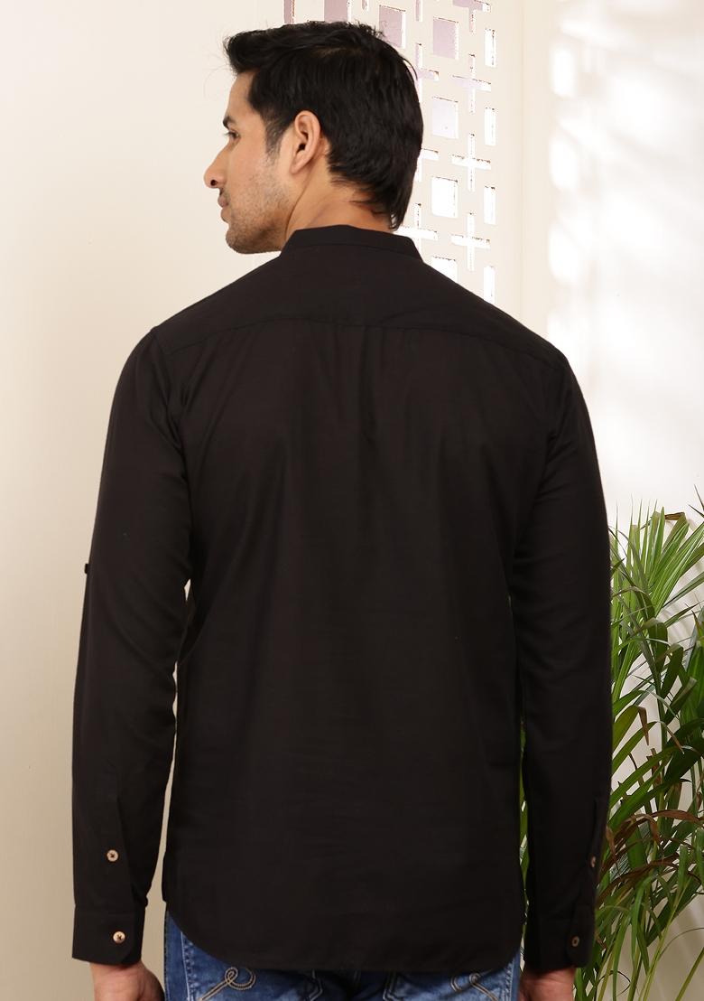 Black Machine Embroidered Cotton Kurta For Men