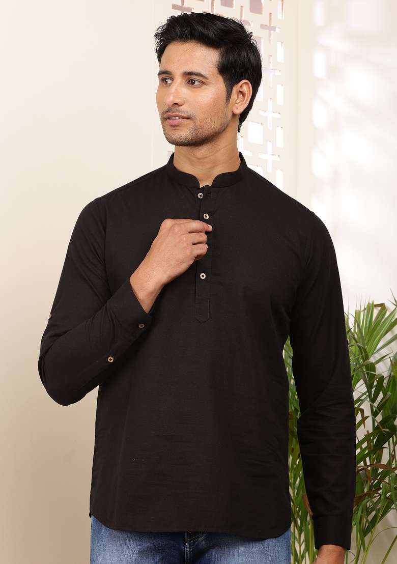 Black Machine Embroidered Cotton Kurta For Men - Indya