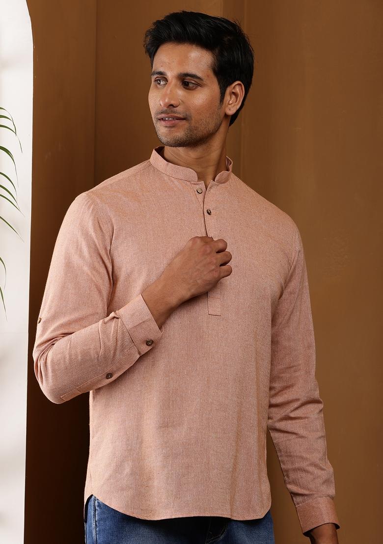 Peach Machine Embroidered Cotton Kurta For Men
