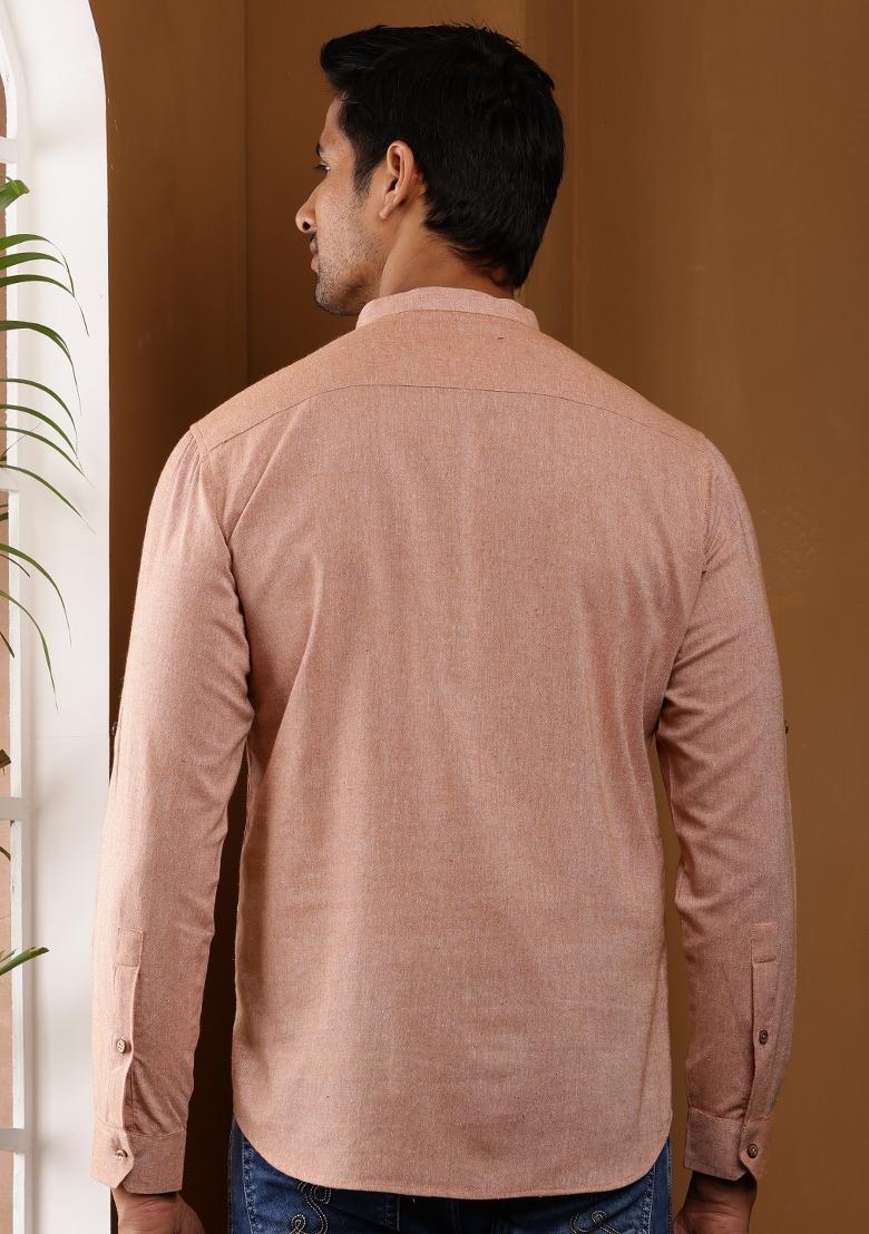 Peach Machine Embroidered Cotton Kurta For Men