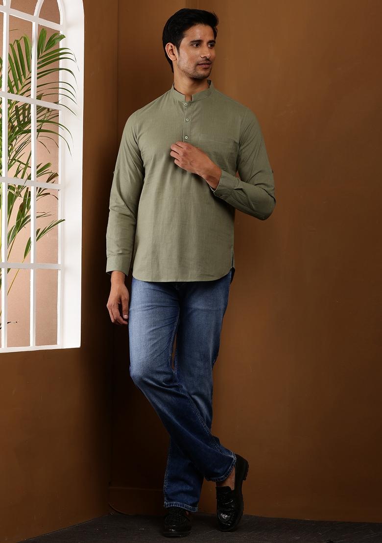 Olive Green Machine Embroidered Cotton Kurta For Men