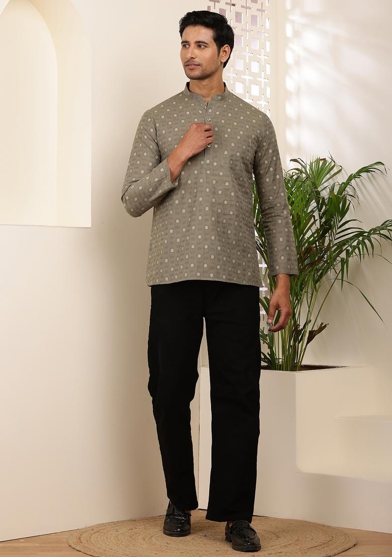 Olive Machine Embroidered Cotton Kurta For Men