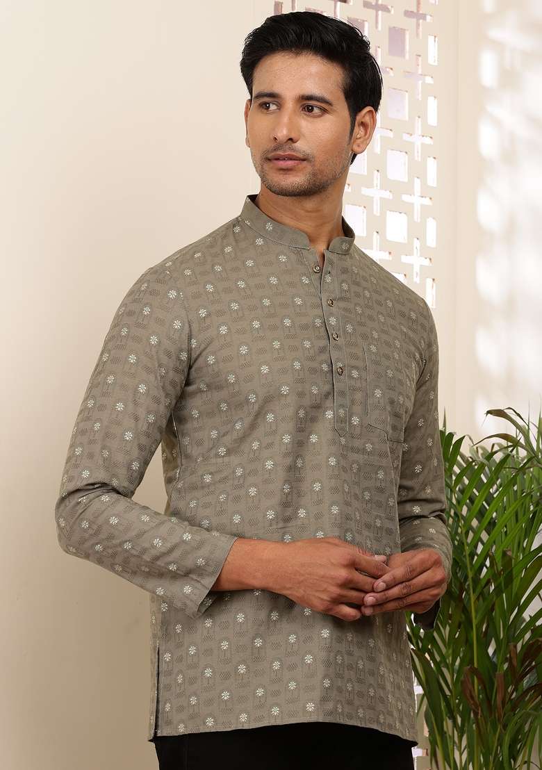 Olive Machine Embroidered Cotton Kurta For Men - Indya