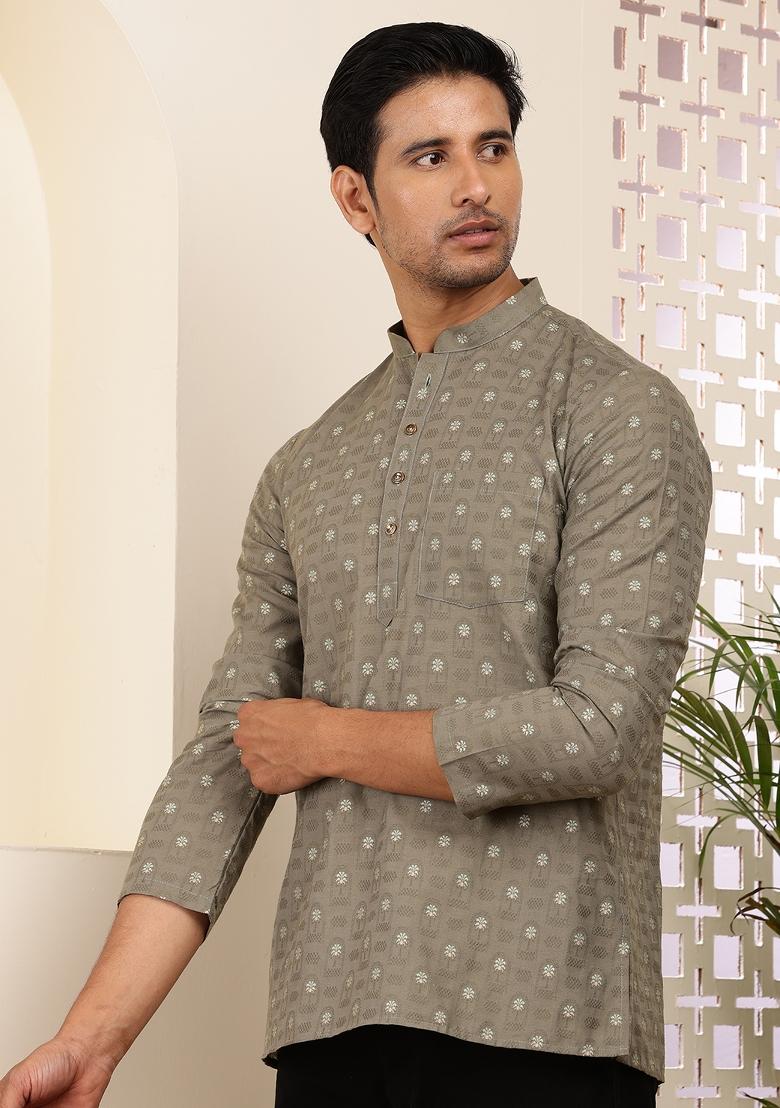 Olive Machine Embroidered Cotton Kurta For Men