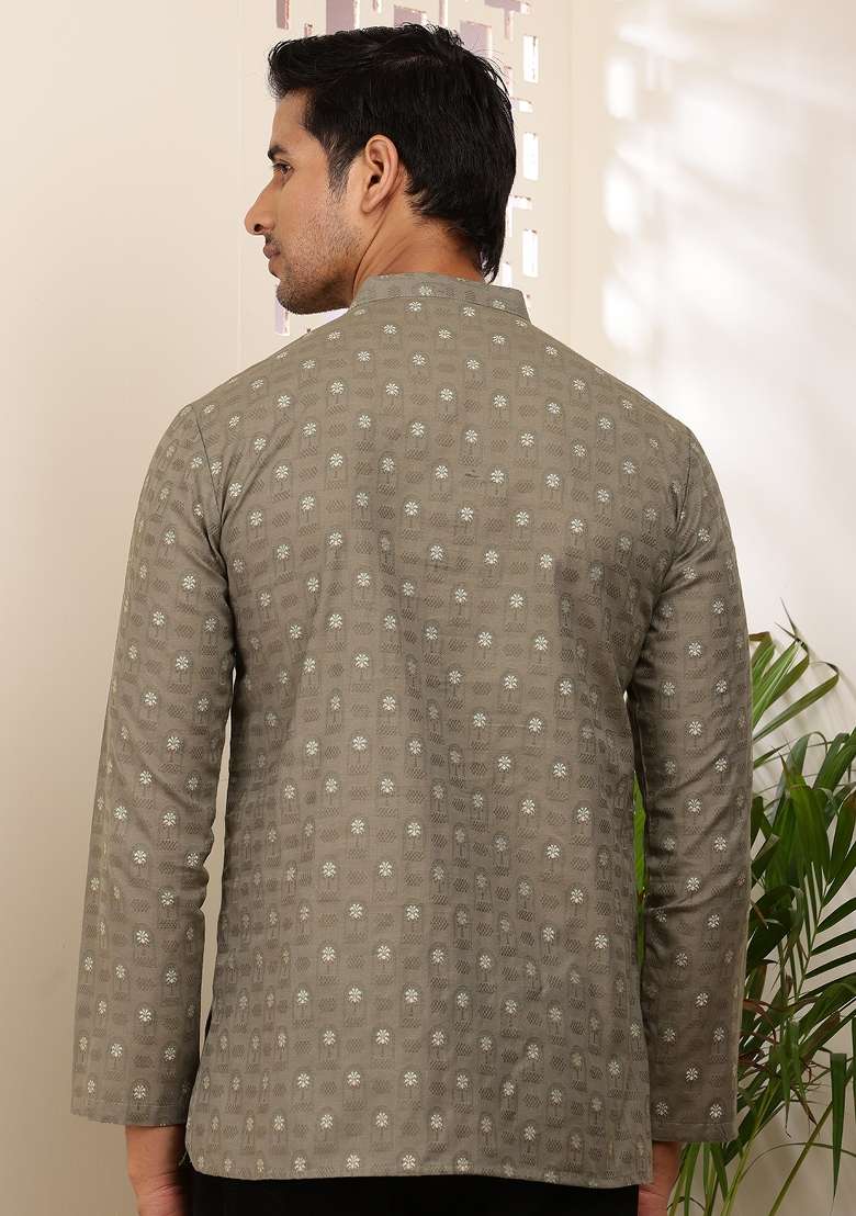 Olive Machine Embroidered Cotton Kurta For Men - Indya