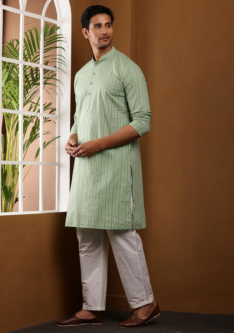 Light Green Machine Embroidered Viscose Rayon Kurta For Men