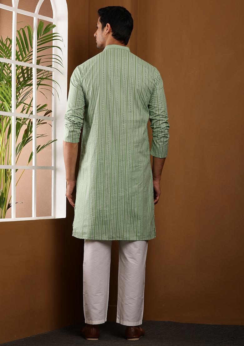 Light Green Machine Embroidered Viscose Rayon Kurta For Men