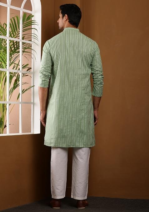 Light Green Machine Embroidered Viscose Rayon Kurta For Men