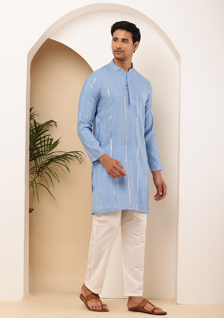 Sky Blue Machine Embroidered Viscose Rayon Kurta For Men